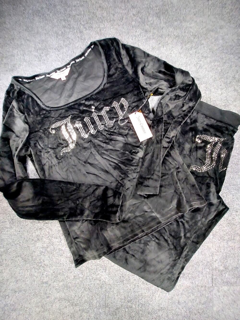 NWT Juicy Couture Sleep Set Black Velour Rhinestone Logo Pajamas Size Large 2PC